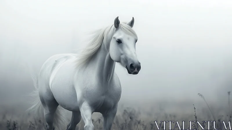 White horse standing in foggy field with muted background.