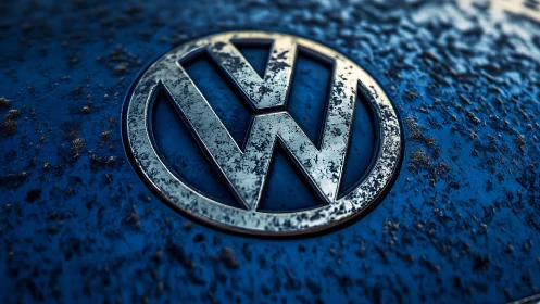 Weathered chrome VW badge on stormy blue metal canvas.