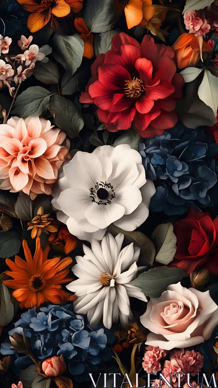 Layered Florals Against Dark Background.