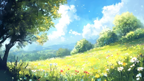 Sunlit wildflower meadow under expansive cumulus sky in spring