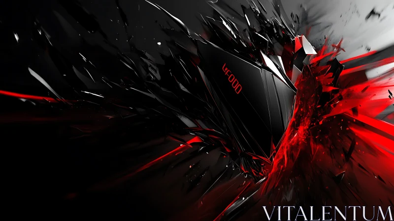 Shattered geometric shard erupting in red energy field.