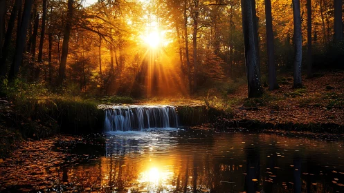 Golden forest waterfall glowing in gentle autumn light.