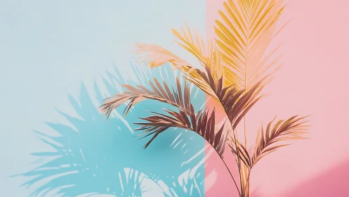 Palm leaves cast colored shadows on split pastel wall