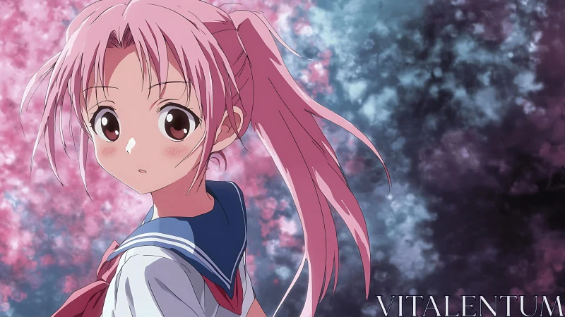 Anime schoolgirl turns amid cherry blossoms in soft focus