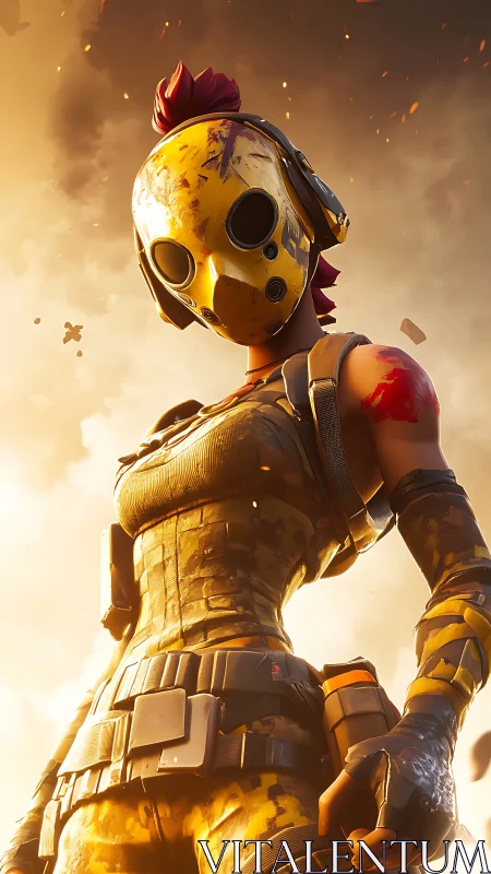 Armored masked fighter framed against fiery sky at dusk.