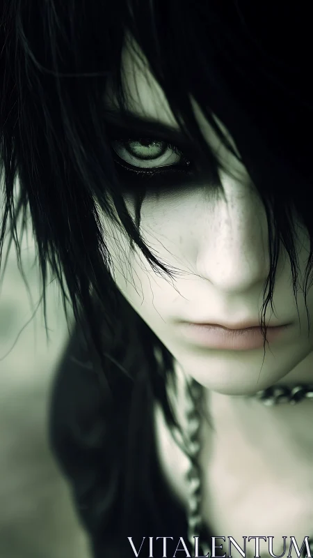 Intense close up of pale goth person with dark eye makeup.