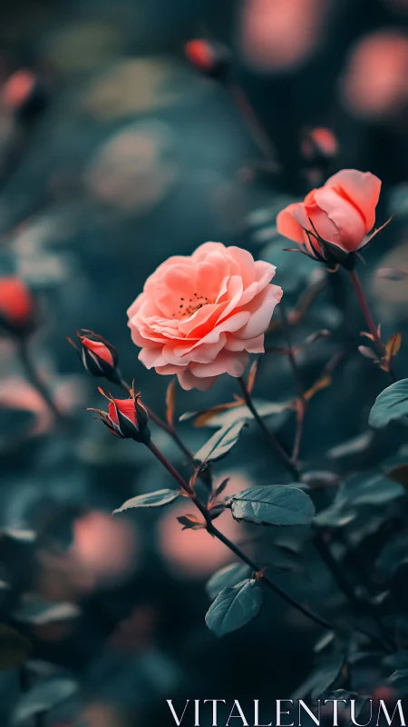 Coral Pink Rose Blooms With Foliage Bokeh.