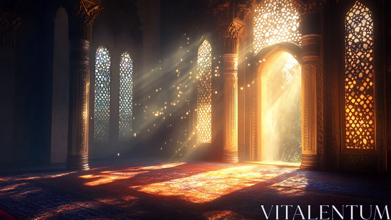 Digital painting of ornate hall with radiant latticed light.