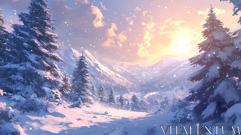 Snowy alpine valley under glowing winter sunset light.