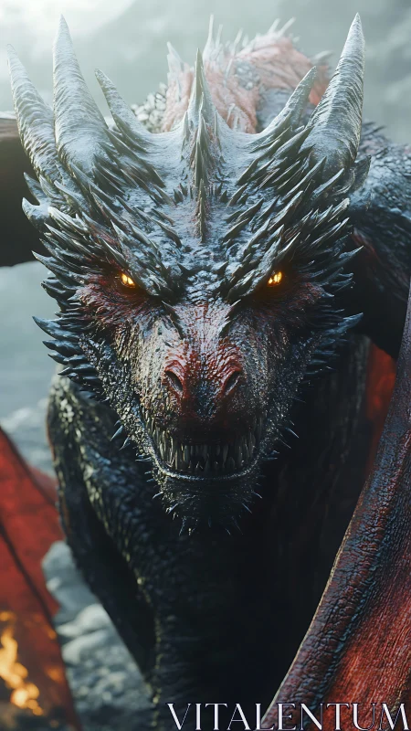 Ferocious ember-eyed dragon rendered in hyperreal detail.