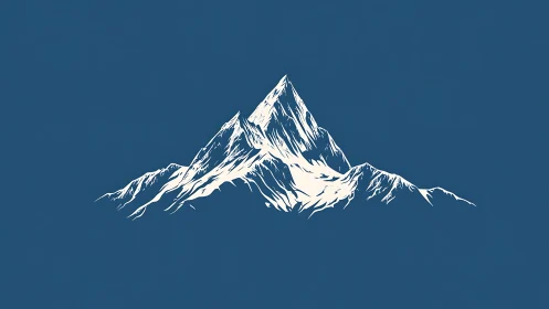 Minimal blue and white illustration of snow capped mountain peak.