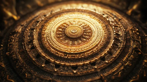 Radiant concentric golden mandala with ornate relief detail.