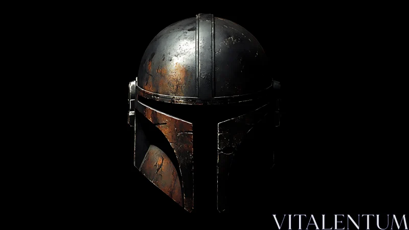 Weathered sci-fi helmet glowing softly in deep shadow.