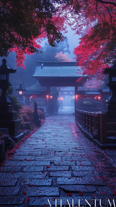 Moonlit shrine path drenched in neon-red autumn whispers.