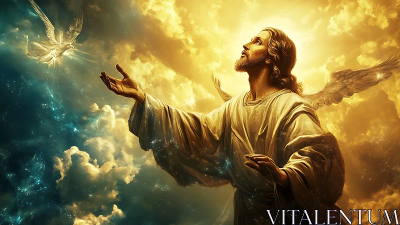 Radiant winged figure reaching toward glowing dove in sky