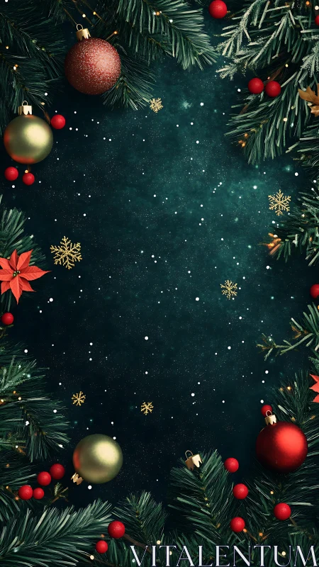 Christmas ornaments frame a dark textured central background