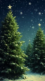 Snow covered fir trees under starry winter night sky