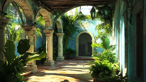 Ruined Spanish Colonial Courtyard with Weathered Arches and Overgrown Vegetation