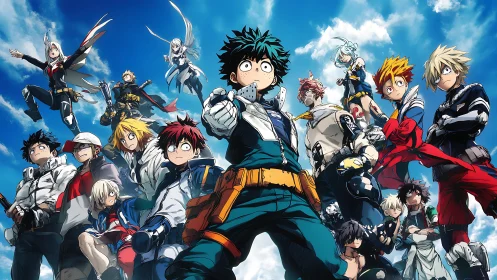 Heroic anime team stands united beneath bright dynamic sky