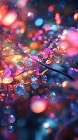 Rendered plant forms show glass-like spheres and blurred lights