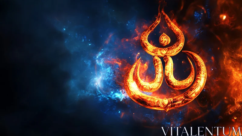 Flaming cosmic glyph ignites in a storm of sapphire nebulae.