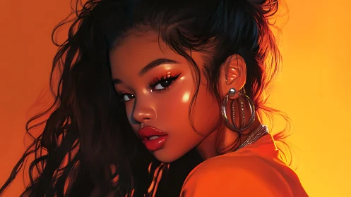 Digital portrait radiates molten orange light and gloss.