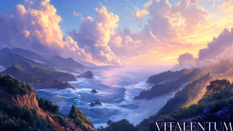 Luminous sunset over rugged coastal cliffs and dynamic surf