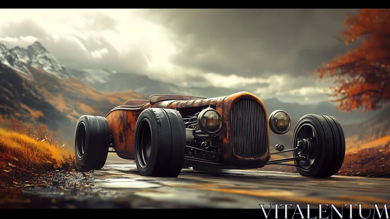 Rustic custom hot rod on mountain road in autumn landscape.