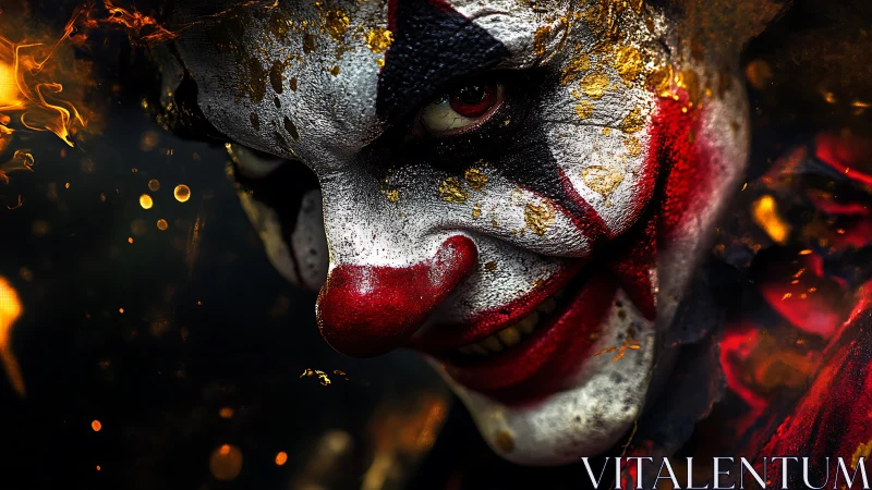 Fiery painted clown grinning through swirling sparks of night.