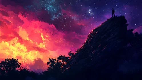 Digital painting of lone figure on ridge under nebula sky.