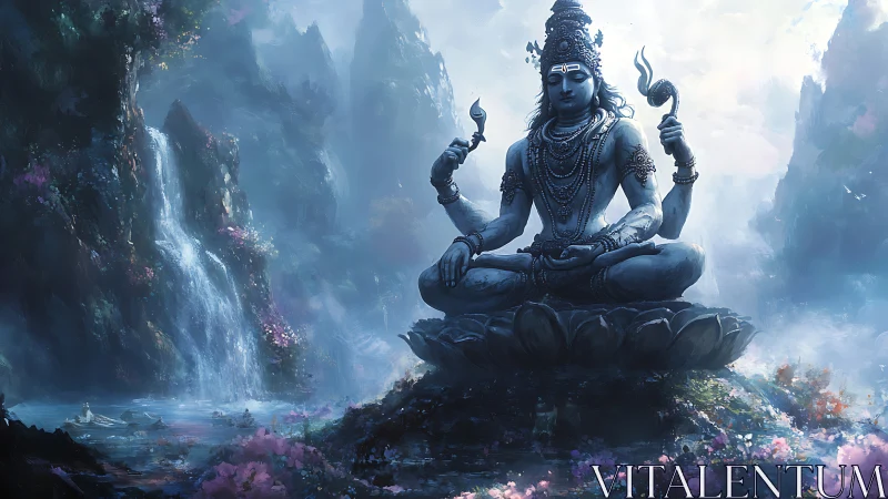 Mountain deity in tranquil lotus meditation by waterfalls.