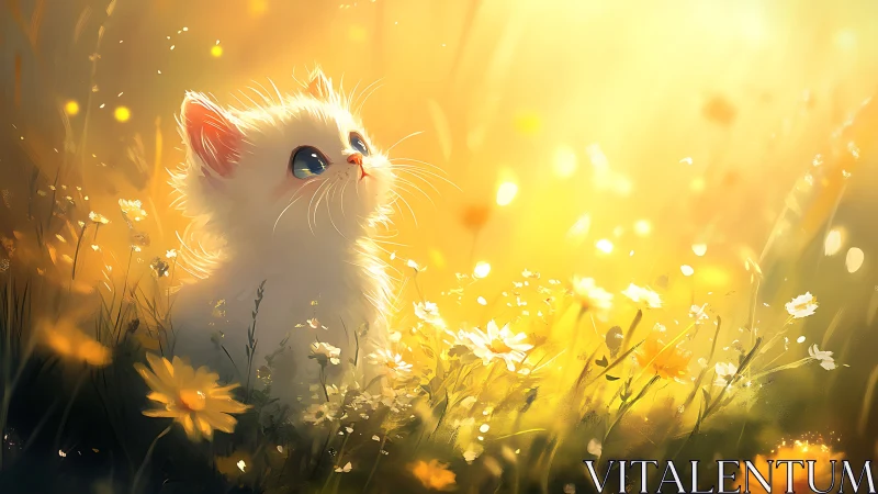 White kitten in sunlit wildflower meadow at golden hour.