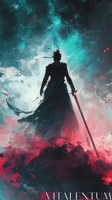 Digital painting of lone swordsman in cinematic backlit mist.
