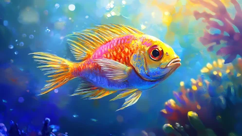 Colorful tropical fish glides through dreamy coral reef seascape.