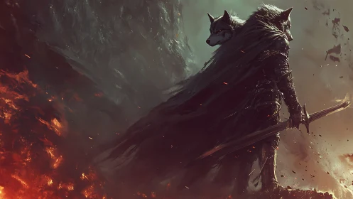 Digital painting of armored wolf warrior in infernal battlefield.