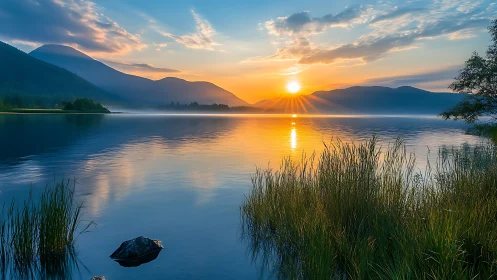 Sunrise over calm mountain lake with reflective water surface.