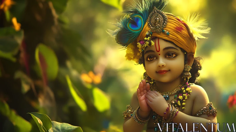 Gentle child Krishna in golden forest light offers a smile.