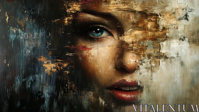 Fragmented female face in textured abstract oil painting