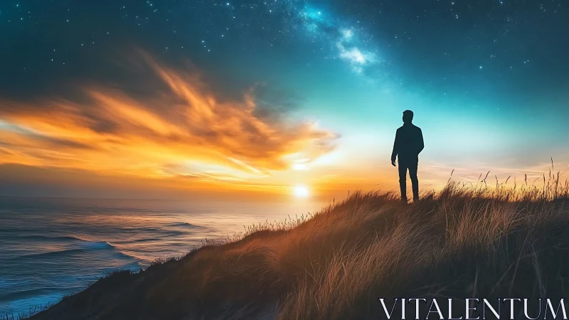 Solitary dreamer on starlit dunes at burning ocean sunset.