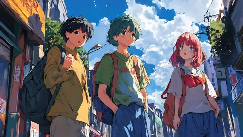 Sunlit city stroll with three friends sharing summer vibes.