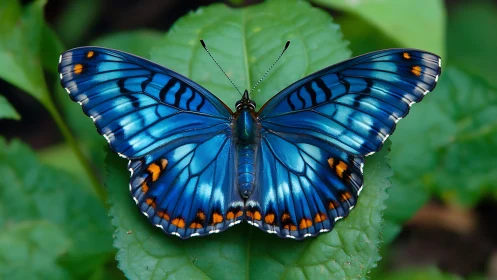 Blue butterfly rests with wings spread on green foliage