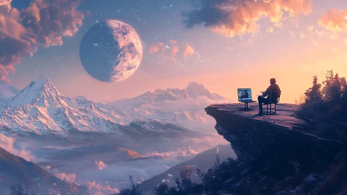 Lone viewer on cliff with monitor facing alien moonrise over alps