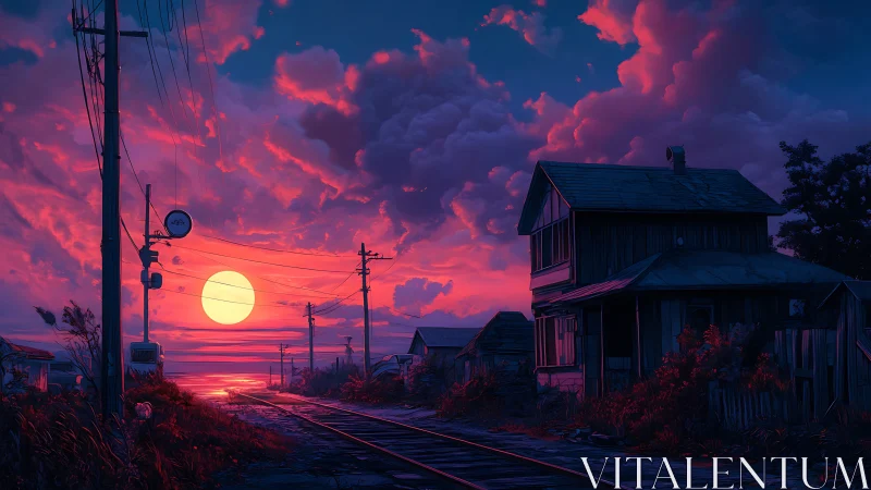 Soft sunset glow over quiet railway homes and dusky sky.