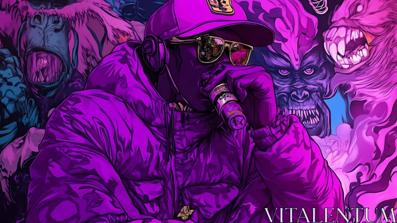 Electric street artist relaxes as neon monsters roar around