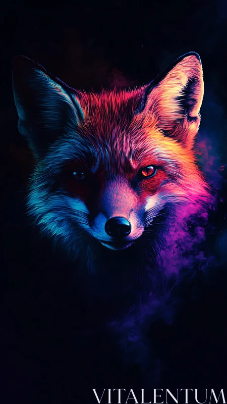 Neon fox portrait glows against deep cosmic shadows.