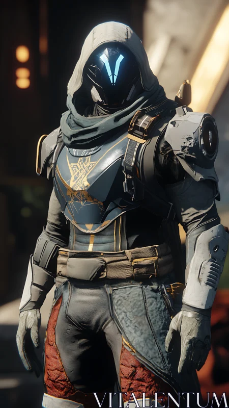Hooded sci fi guardian stands ready in worn battle armor