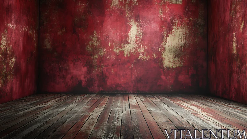 Textured red studio interior with distressed wood floorboards.