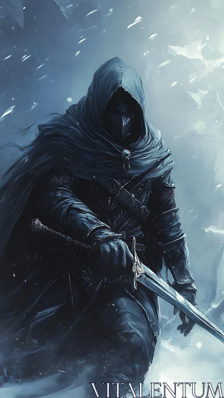 Hooded frostbound swordsman in dynamic glacial turbulence.