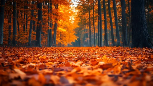 Autumn Forest Path. Golden Leaves Carpet.
