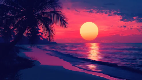 Chromatic tropical shoreline under hyper-saturated neon sunset.